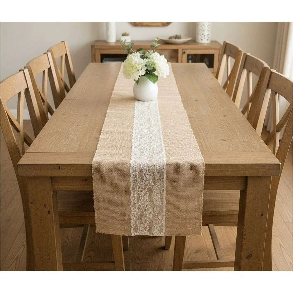 Celebrate Burlap Table Runner With Lace 12 In X 8 Ft Beige & White Rustic Weddin